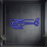 Neon‑lit EC120 silhouette wall art, textured matte steel with floating neon frame for immersive 3D depth