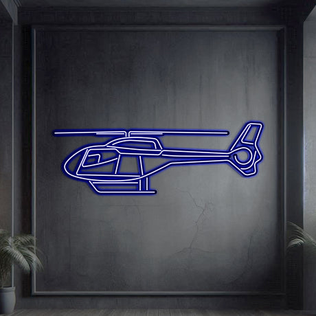 Neon‑lit EC120 silhouette wall art, textured matte steel with floating neon frame for immersive 3D depth