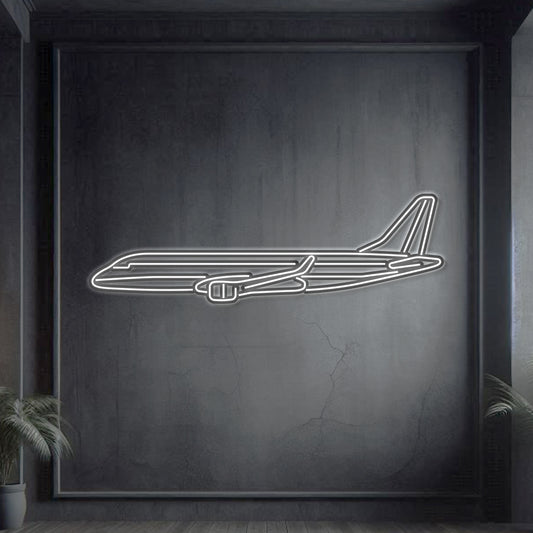 Embraer E‑175 regional jet neon silhouette wall art, laser‑cut steel with glowing neon outline and sleek 3D elevation