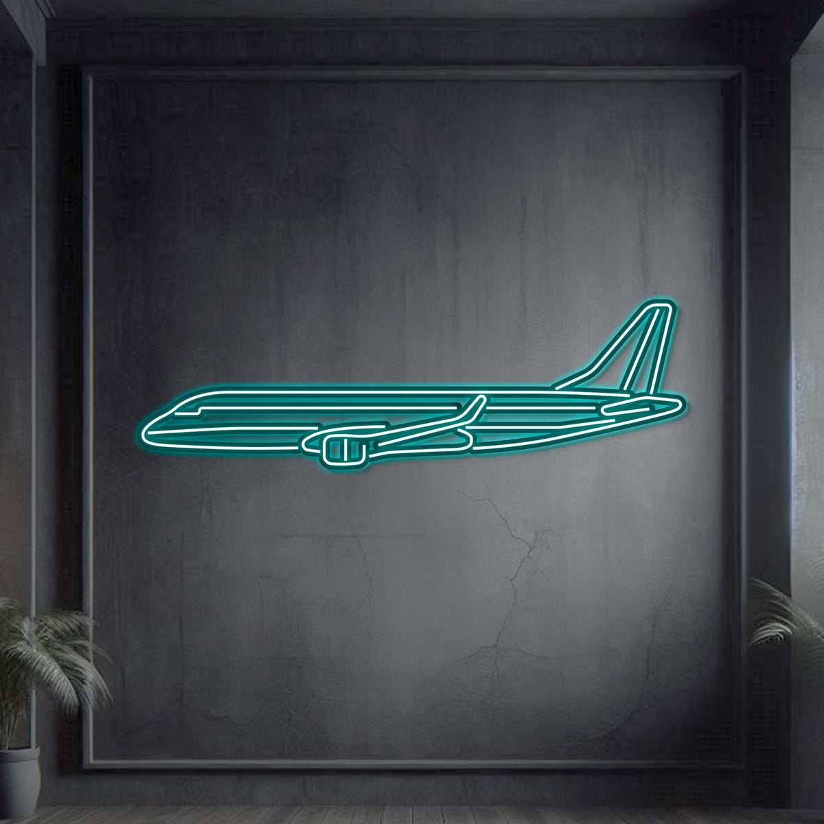 Matte‑finish E‑175 neon aircraft wall art—iconic regional jet gift for retirements, promotions, or airline milestones