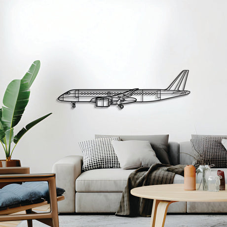Ready‑to‑hang Embraer E190‑E2 steel wall sculpture with 3D spacing effect