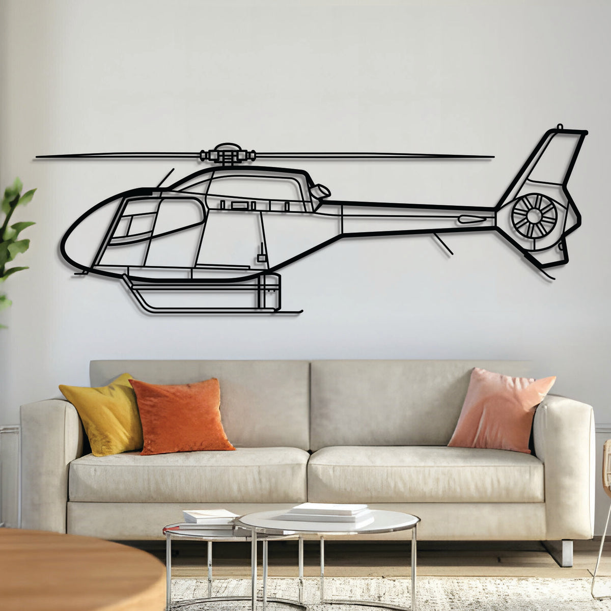 EC120T2 helicopter metal wall art – laser-cut steel silhouette with matte textured finish and 3D floating effect