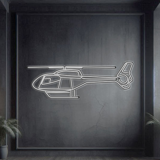 Eurocopter EC120 Colibri neon silhouette wall art, laser‑cut steel with glowing neon outline and sculptural 3D elevation