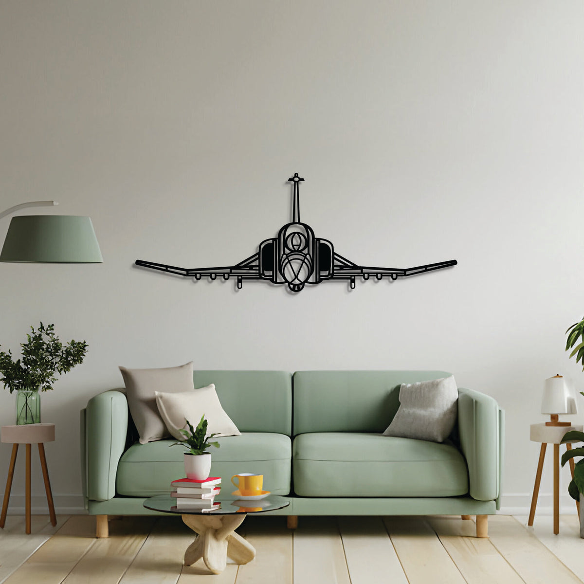 2 mm steel F‑4 Phantom wall art, laser-cut matte finish, floats 1 cm off wall for dramatic 3D effect