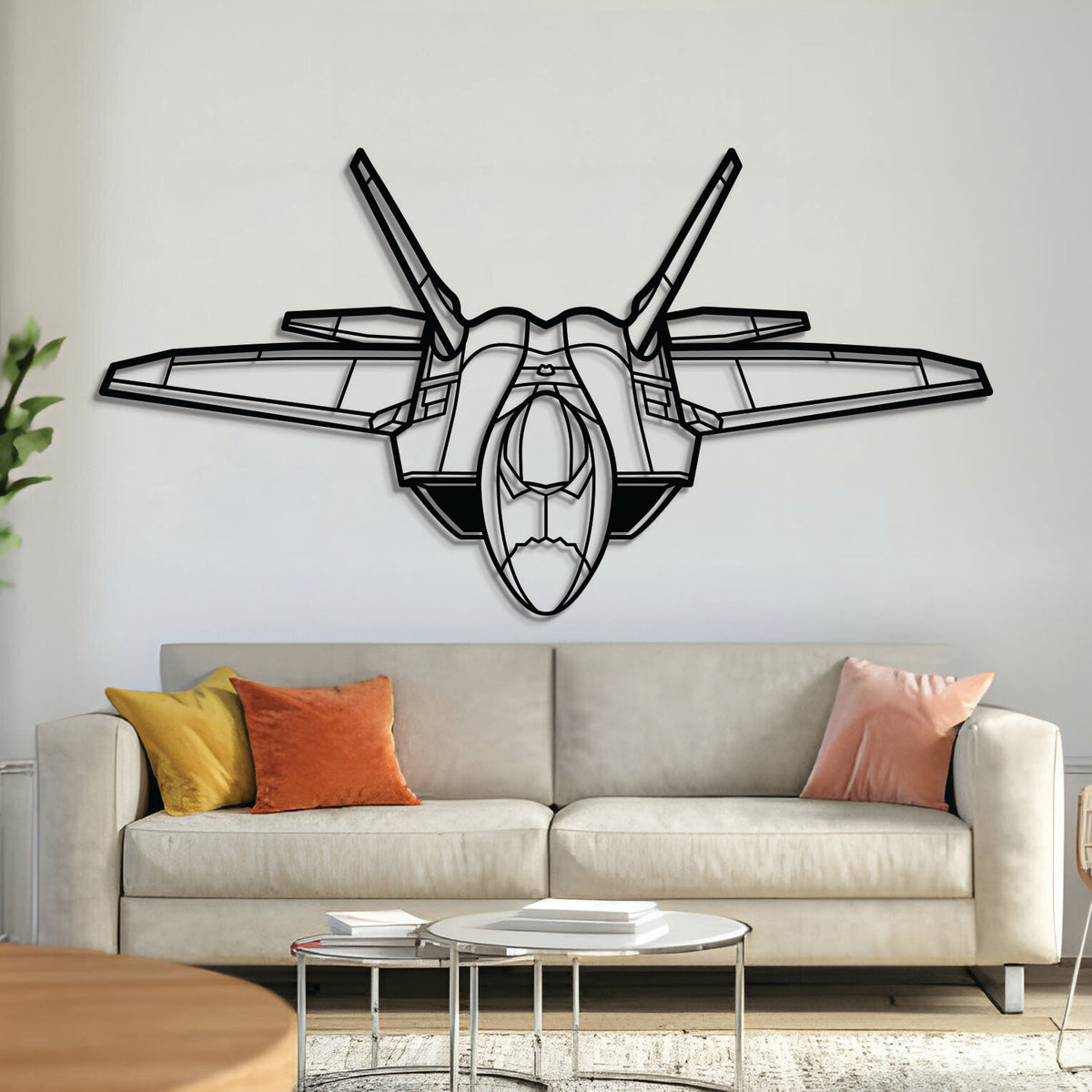 F-22 Raptor angle view metal aircraft wall art – laser-cut steel silhouette with matte textured finish and floating 3D effect