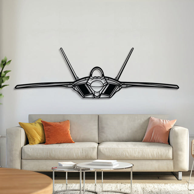 F‑22 Raptor front view metal aircraft wall art – laser‑cut 2 mm steel silhouette with matte textured finish and floating 3D effect