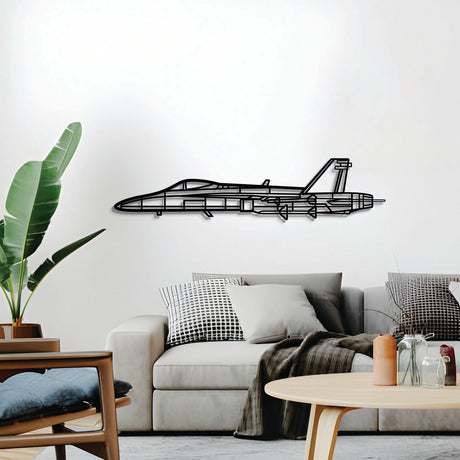 2 mm steel FA‑18A Hornet wall art, laser‑cut matte finish, floats 1 cm off wall for dramatic 3D effect