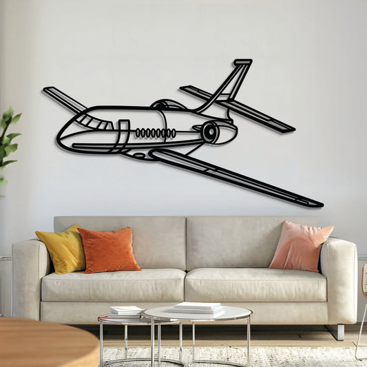 Falcon 2000 angle-view metal aircraft wall art, laser-cut 2 mm steel with matte textured finish and 3D elevation