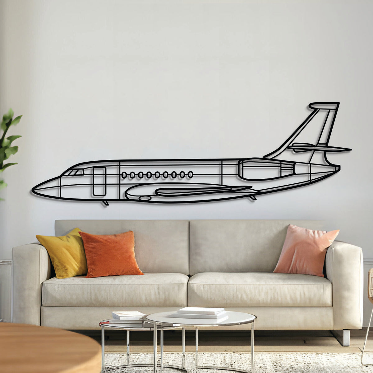 Falcon 2000 metal aircraft wall art in 2 mm laser‑cut steel with matte powder‑coated textured finish and 3D elevation screws