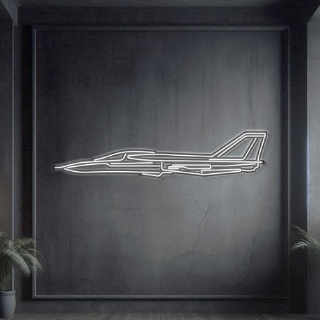 F‑111 Aardvark swing‑wing fighter-bomber neon silhouette wall art, laser‑cut steel with glowing neon outline and bold 3D elevation
