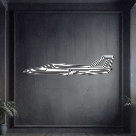 F‑111 Aardvark swing‑wing fighter-bomber neon silhouette wall art, laser‑cut steel with glowing neon outline and bold 3D elevation
