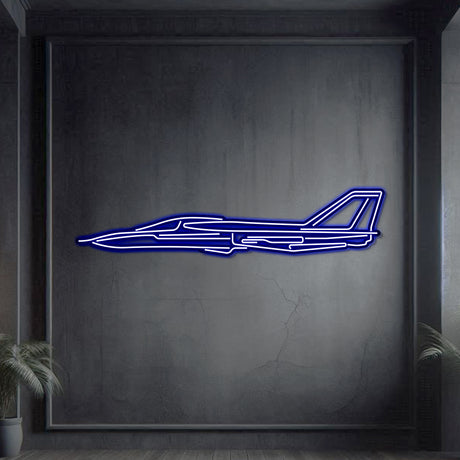 Neon‑lit F‑111 Aardvark silhouette wall art, textured matte steel with floating neon frame for immersive 3D depth