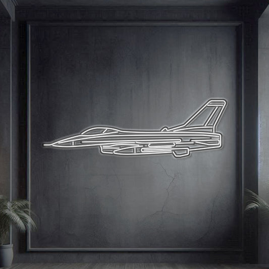 F‑16 Falcon angled neon silhouette wall art, laser‑cut steel with glowing neon outline and striking 3D elevation