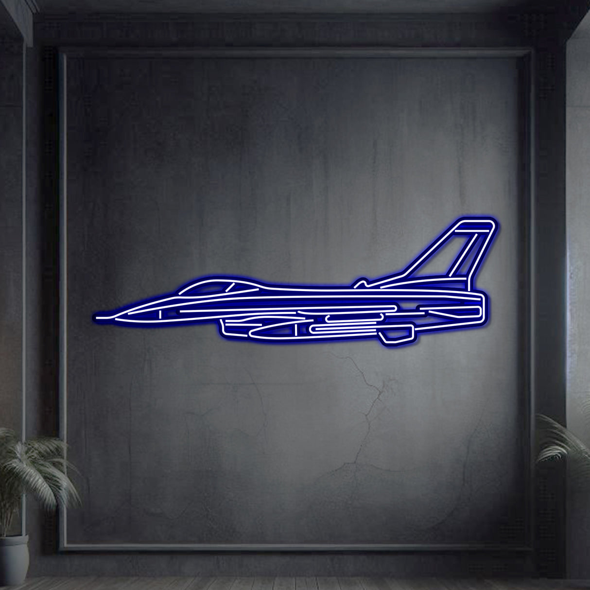 Neon‑lit F‑16 silhouette wall art, textured matte steel with floating neon frame creating immersive 3D depth