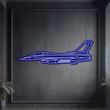 Neon‑lit F‑16 silhouette wall art, textured matte steel with floating neon frame creating immersive 3D depth