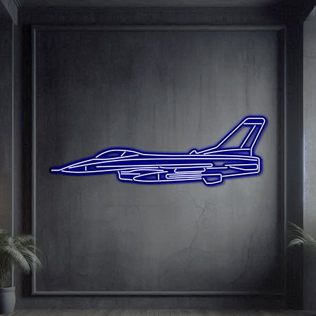 Neon‑lit F‑16 silhouette wall art, textured matte steel with floating neon frame creating immersive 3D depth