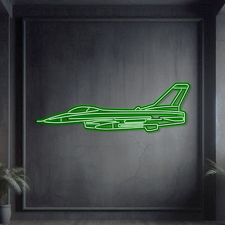 F‑16 Falcon neon wall art, sleek modern aviation décor ideal for hangars, offices, or contemporary living spaces