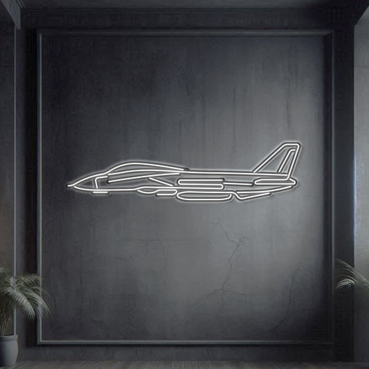 F-14 Tomcat neon silhouette wall art in laser-cut steel, iconic swing-wing fighter profile with glowing accents