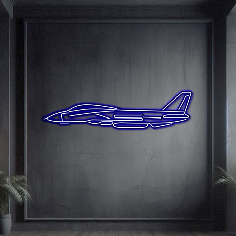 Matte black F-14 Tomcat metal wall art with vivid neon glow, premium décor for modern interiors