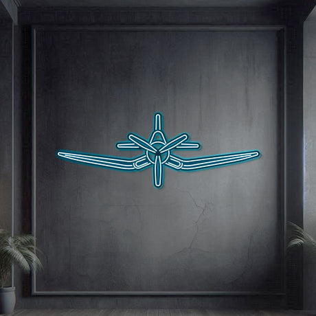 Neon‑lit F‑4U Corsair silhouette, textured matte steel with floating neon frame for immersive 3D depth