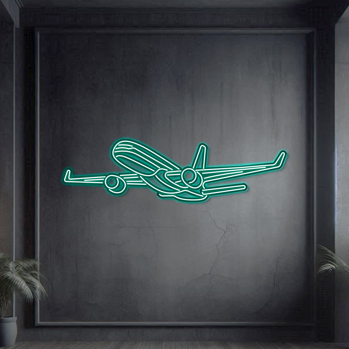 Aviation décor: 757-200 Angle metal neon wall art in matte steel with 3D floating presence
