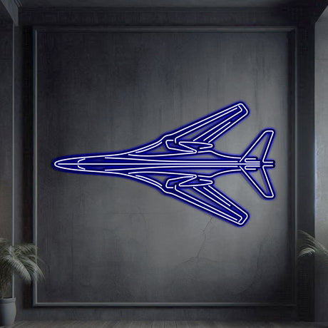 Aviation-inspired B-1B Lancer neon wall art in 2 mm steel with matte texture and 3D look