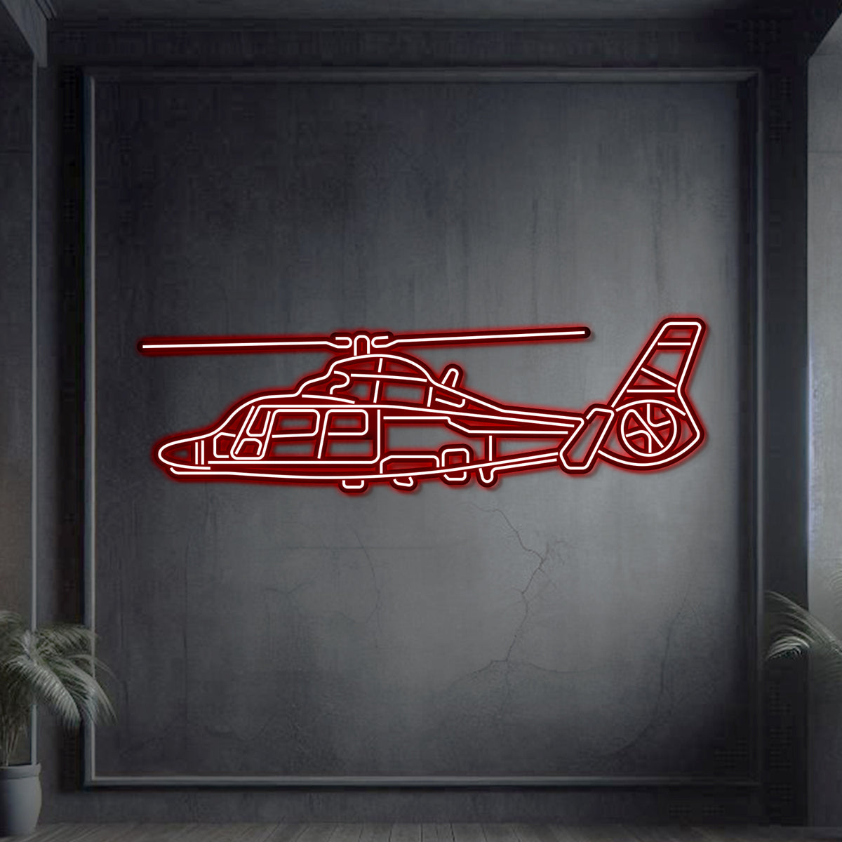 Aviation fan favorite: AS365 Dauphin metal neon wall art, matte steel, laser-cut, 3D effect