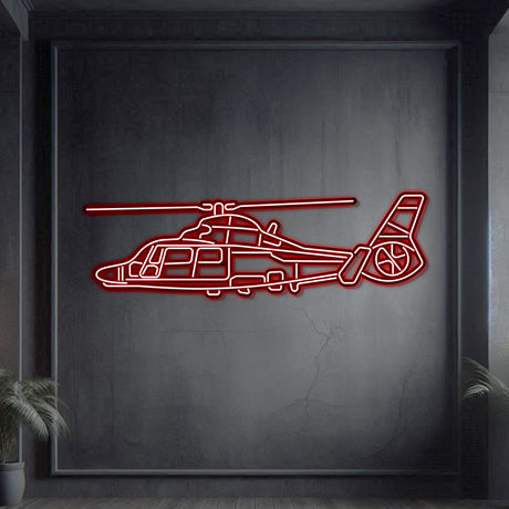 Aviation fan favorite: AS365 Dauphin metal neon wall art, matte steel, laser-cut, 3D effect