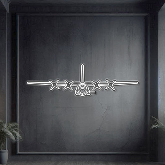 AC-130U front neon aircraft wall art, laser-cut 2 mm steel, matte powder coat, 3D elevated effect