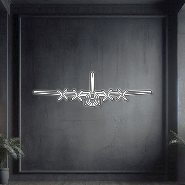 C‑130H Hercules front-view neon silhouette wall art, laser‑cut steel showcasing broad wings and quad turboprop engines in bold 3D relief