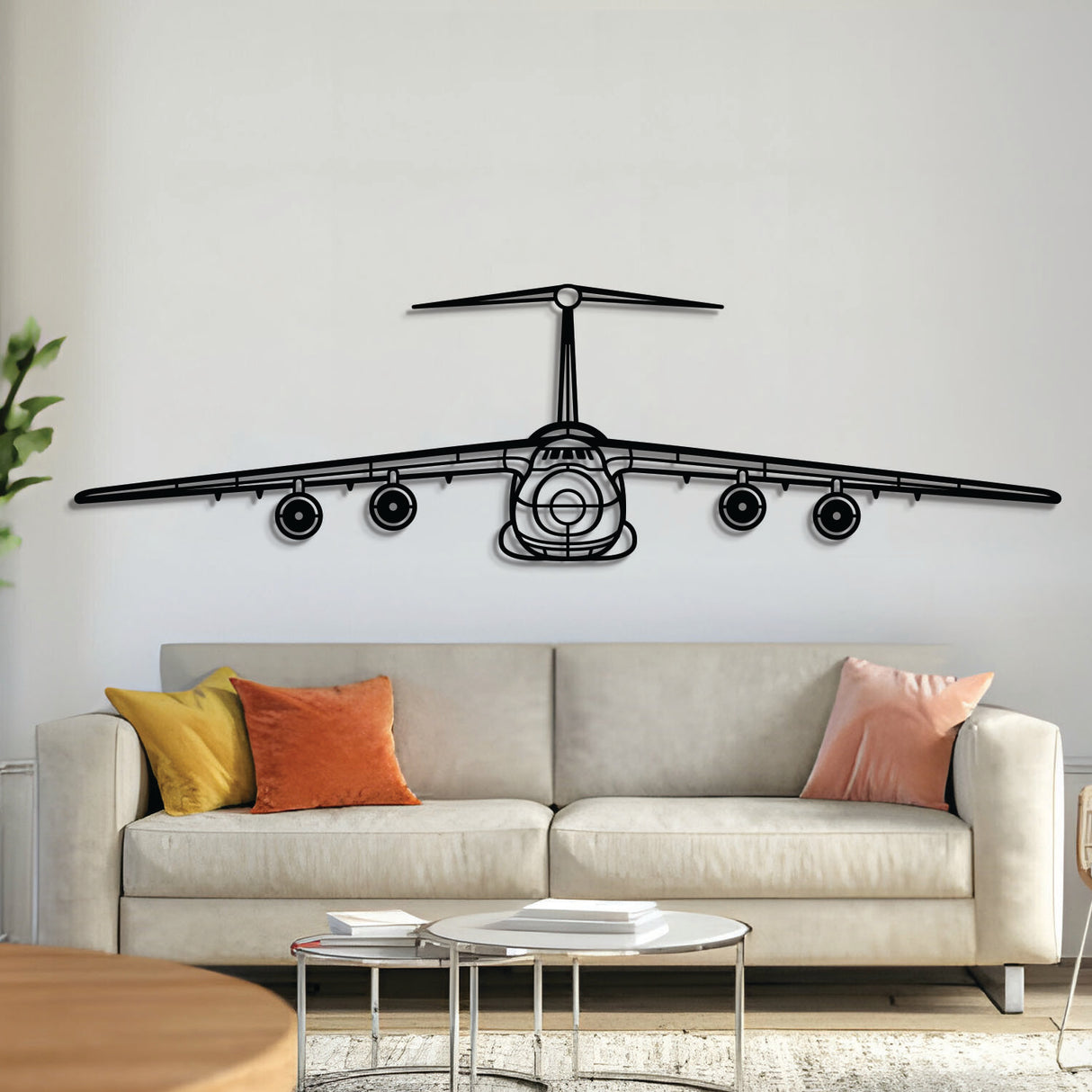C-5 Galaxy front profile silhouette — laser-cut black metal wall art with subtle elevated mount