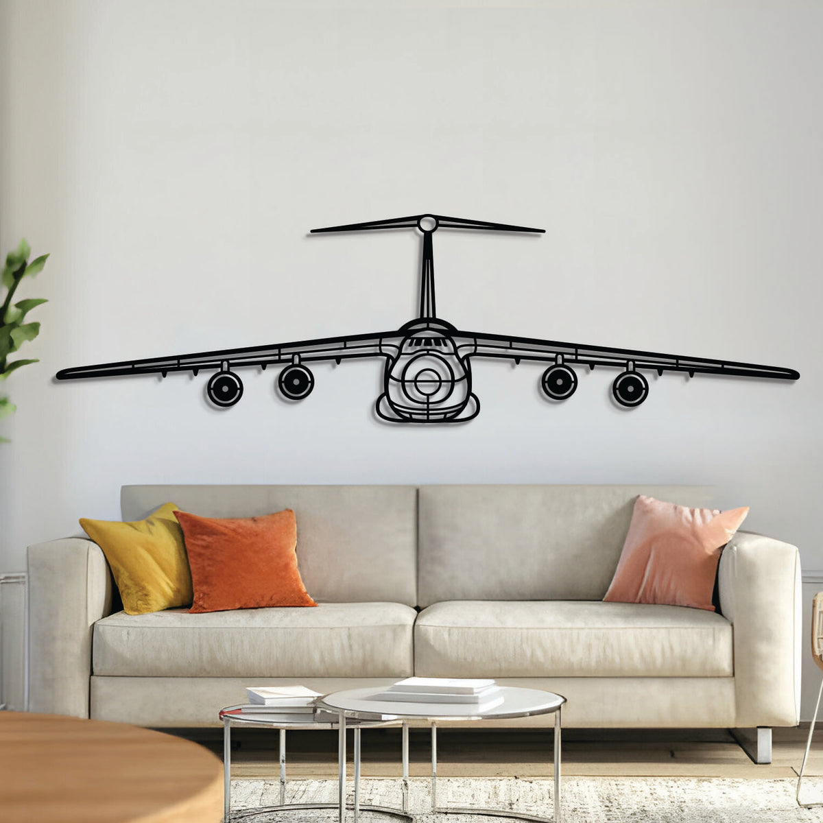 C-5 Galaxy front profile silhouette — laser-cut black metal wall art with subtle elevated mount