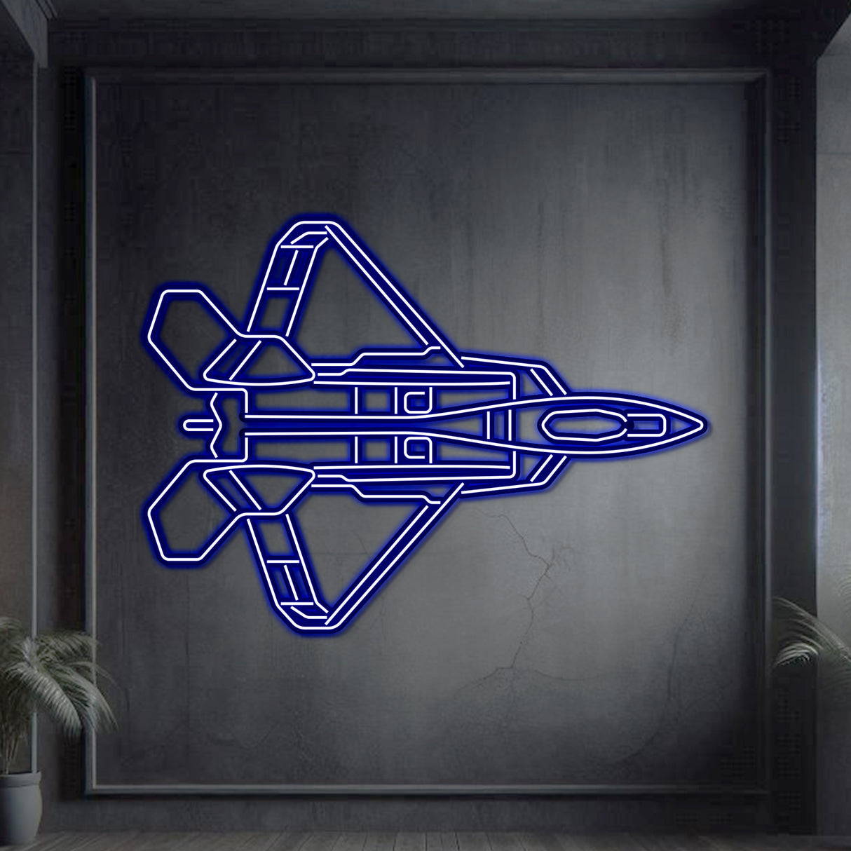 Neon‑lit F‑22 silhouette wall art, textured matte steel with floating neon frame for immersive 3D depth