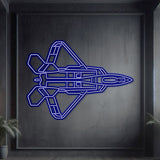 Neon‑lit F‑22 silhouette wall art, textured matte steel with floating neon frame for immersive 3D depth