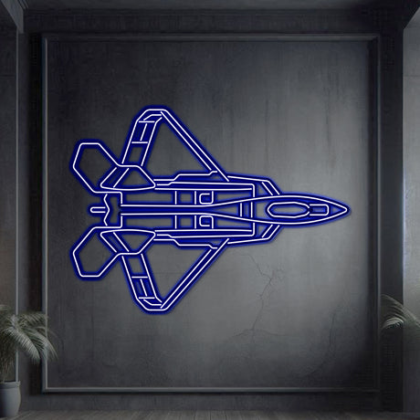 Neon‑lit F‑22 silhouette wall art, textured matte steel with floating neon frame for immersive 3D depth