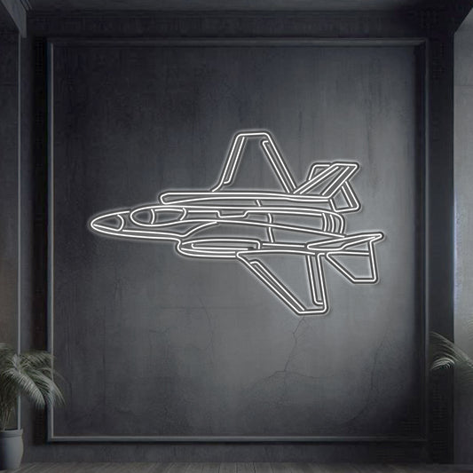 F‑35A Lightning II angle-view neon silhouette wall art, laser‑cut steel with bold neon outline and dramatic 3D elevation