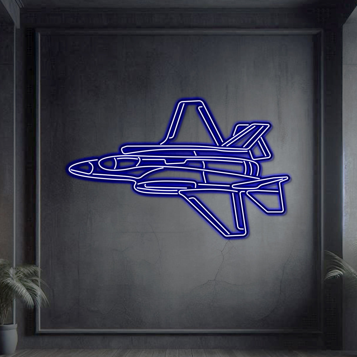 Neon‑lit F‑35A silhouette wall art in textured matte steel with floating neon frame for immersive 3D depth