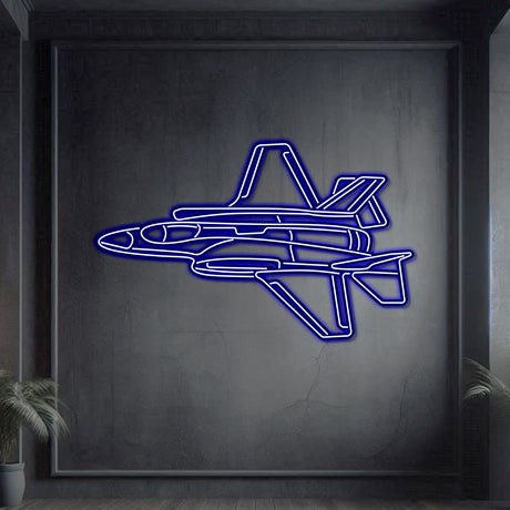 Neon‑lit F‑35A silhouette wall art in textured matte steel with floating neon frame for immersive 3D depth
