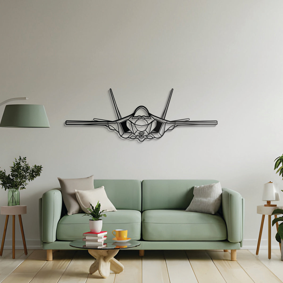 F-35A front profile stealth jet metal art, laser-cut steel ready-to-hang décor for living spaces