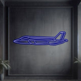 Neon‑lit F‑35A silhouette wall art, textured matte steel with elevation spacers for a floating 3D effect