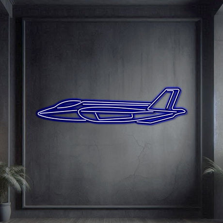 Neon‑lit F‑35A silhouette wall art, textured matte steel with elevation spacers for a floating 3D effect