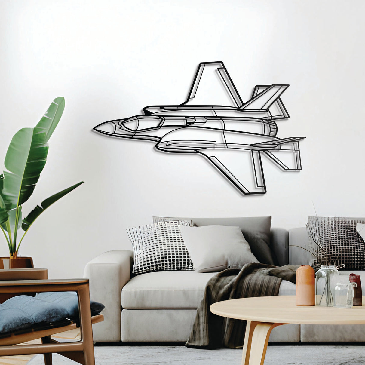 F‑35A wall décor – elevated slightly off the wall using elevation screws to create a dramatic 3D shadow effect of its angled stealth profile