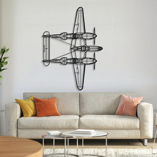 Lockheed P-38 Lightning top view metal aircraft wall art, laser-cut 2 mm textured steel with matte finish