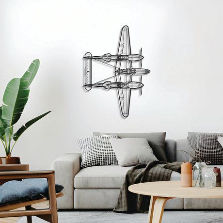 P-38 Lightning top silhouette 3D metal wall décor, floating 1 cm from wall, ready-to-hang aviation art