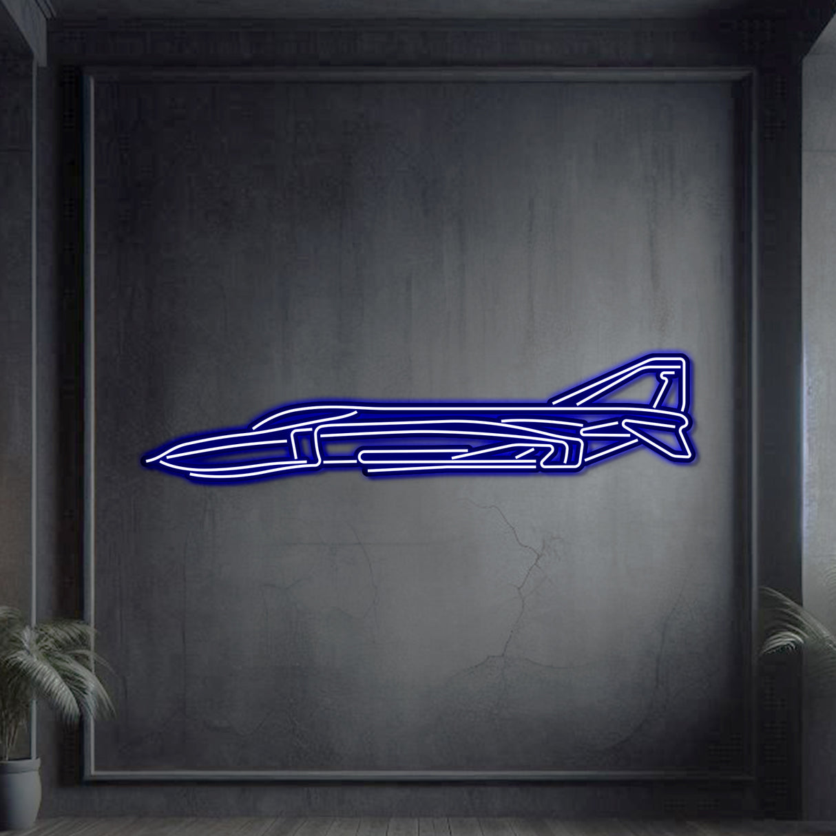 Neon‑lit F‑4C Phantom silhouette in textured matte steel with floating neon frame for dramatic 3D depth