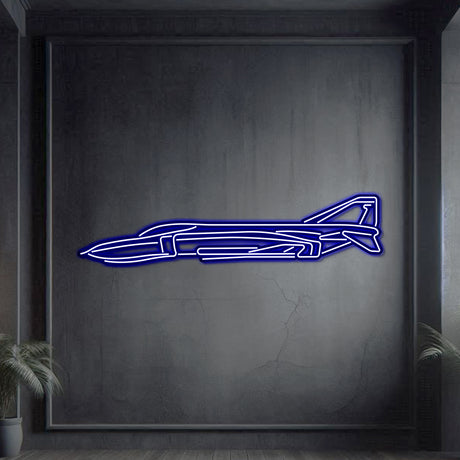 Neon‑lit F‑4C Phantom silhouette in textured matte steel with floating neon frame for dramatic 3D depth