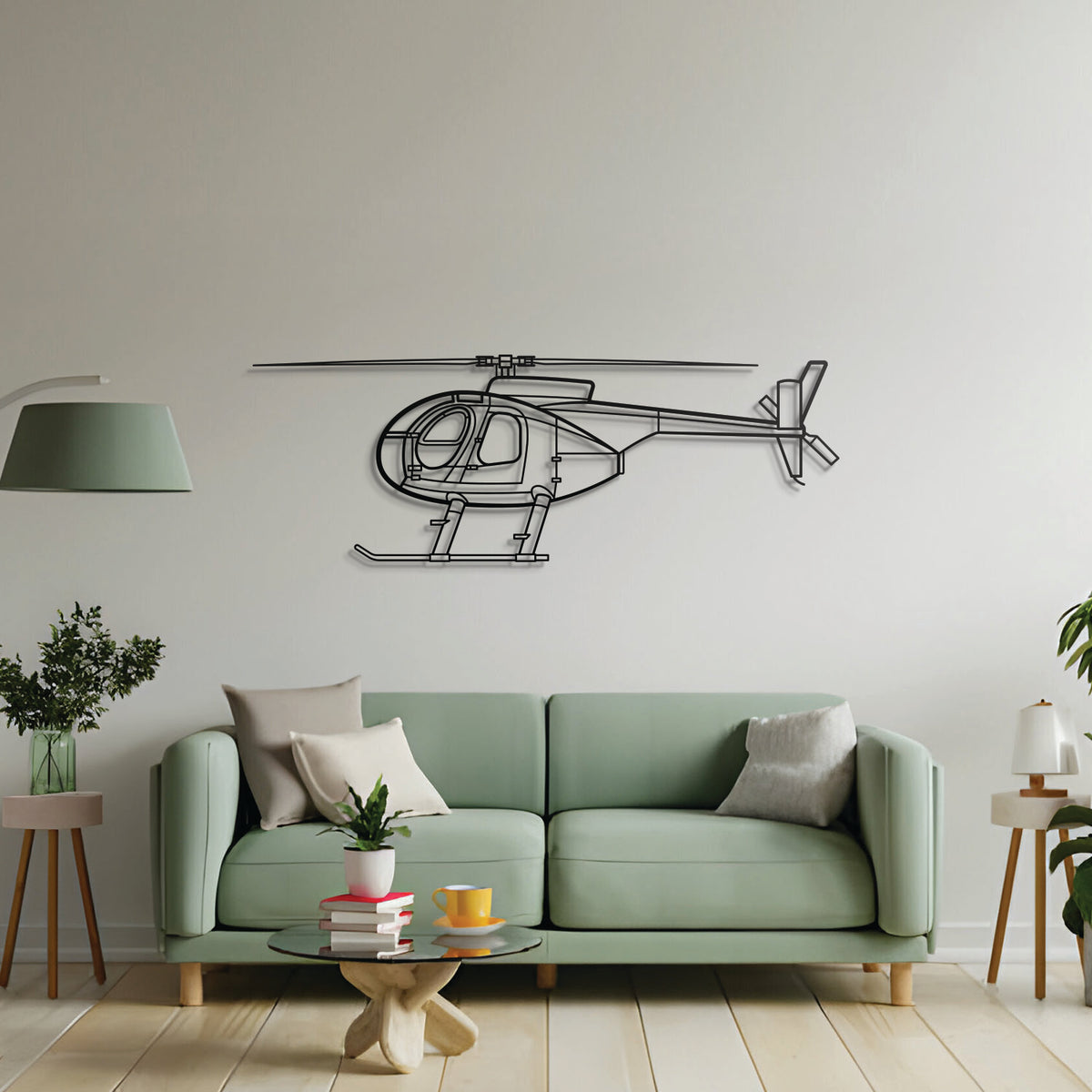 Aviation décor highlight: MD‑500C Front laser-cut steel wall art with matte finish and elevation screws for avgeek spaces