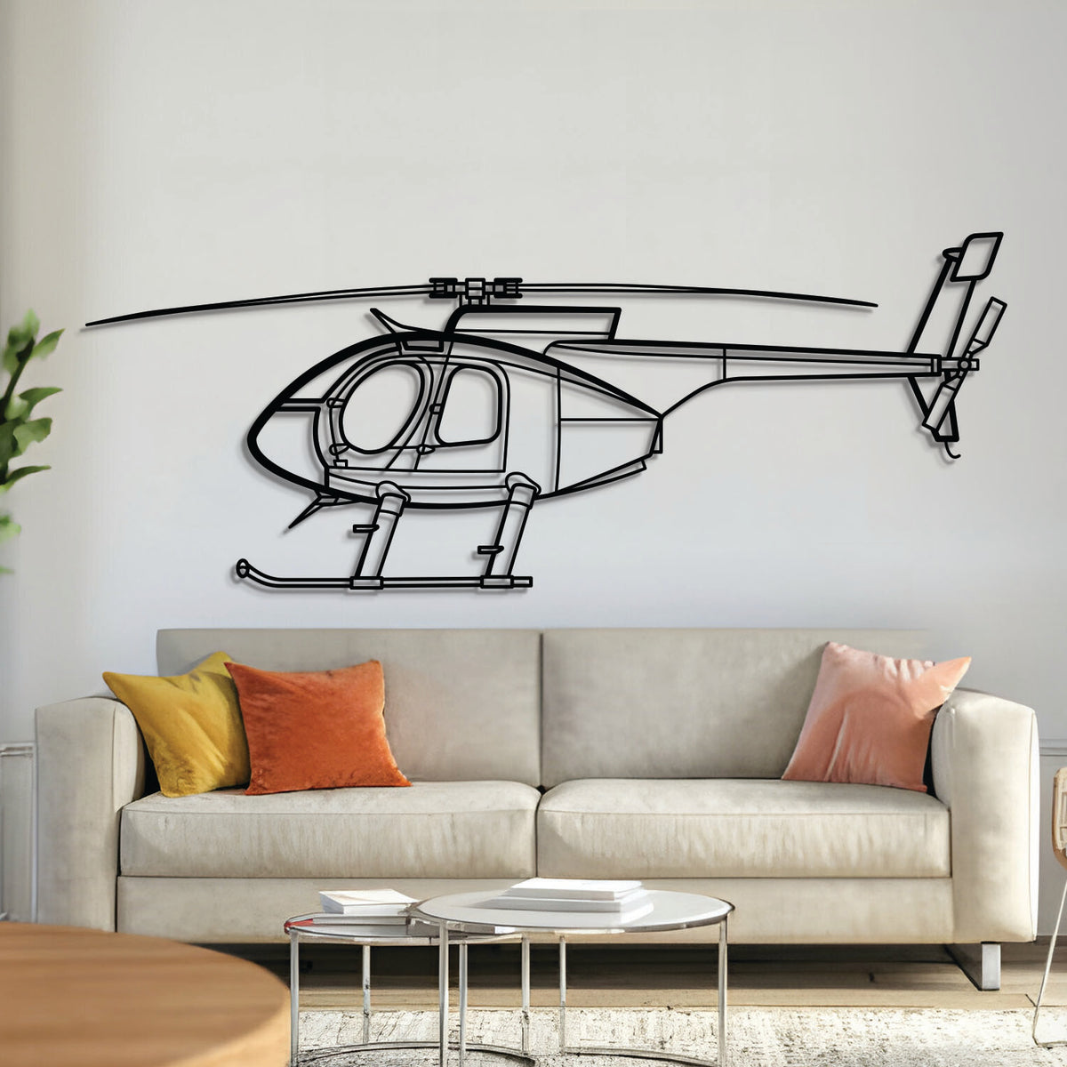 MD 530F Cayuse Warrior light utility helicopter wall art, laser‑cut 2 mm textured steel with matte finish