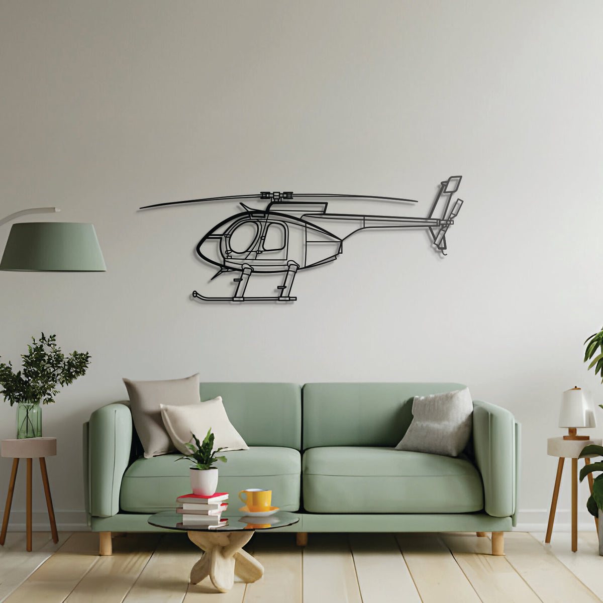 MD 530F light attack helicopter metal art, laser‑cut steel ready‑to‑hang décor for living spaces
