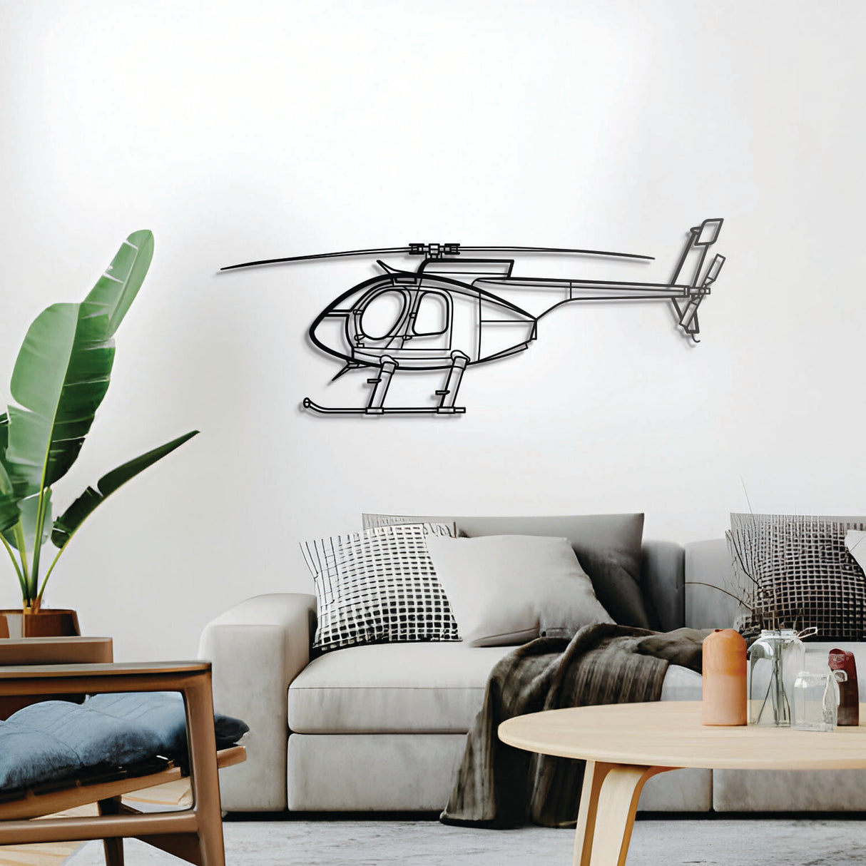 MD 530F five‑blade helicopter 3D metal décor, elevated 1 cm from wall, ready‑to‑hang aviation piece
